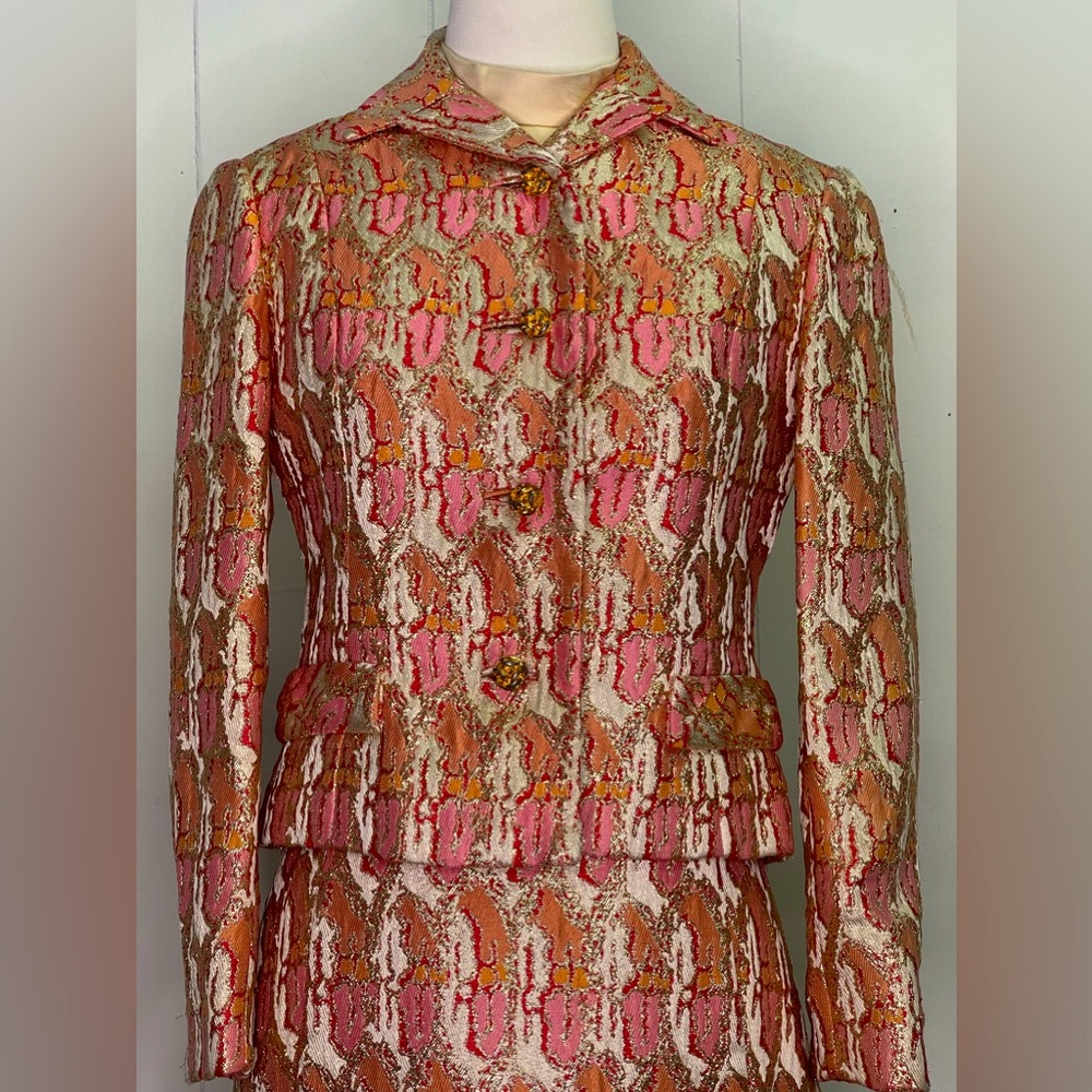 Vintage 1960s Jacquard Cocktail Dress w/ Jacket formal ensemble two piece set